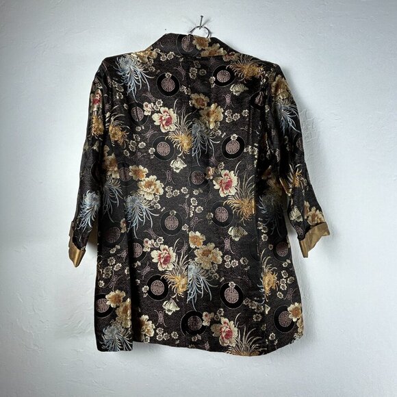 Chico's Design Oriental Inspired Kimono Style Jacket Rayon/Silk Sz 2 Black Gold - Picture 2 of 8